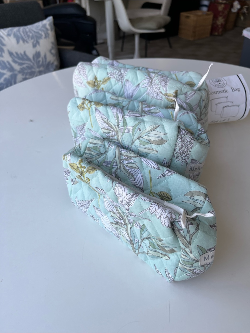 Quilted Floral Cosmetic Bag Trio in Mint